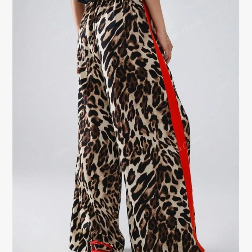 Leopard Print Color Block Wide-Leg Pants with Red Stripe - Picture 3 of 7